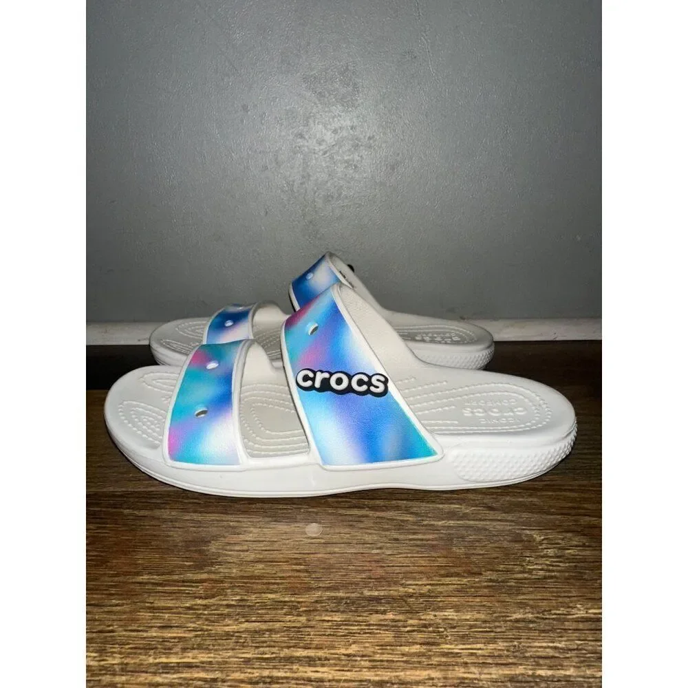 CROCS White Slide Sandals with Rainbow Gradient Straps